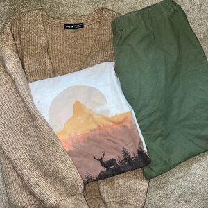 Women’s Lot Cardigan with Cream Graphic Tee & Green Bottom outfit